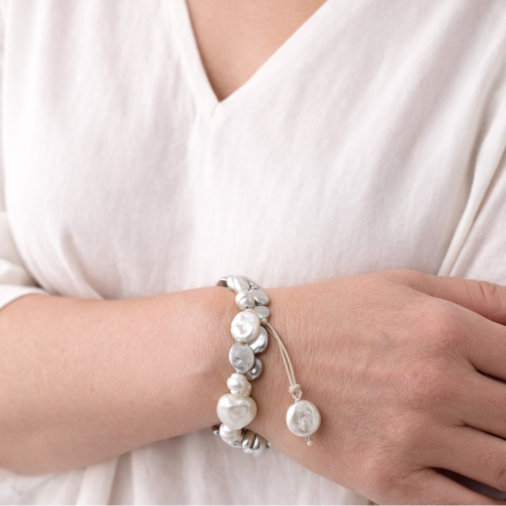 J. Jill Silver & Ivory Beaded Stretch Bracelet Set Faux Pearl  (BR1313/3)
